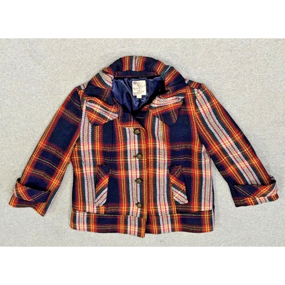 Anthropology Tartan Plaid Wool Blend Jacket With Brass Buttons Tulle Large - Picture 1 of 5